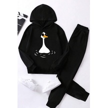 Uyguntarz Unisex Ördek Baskılı Çocuk Rahat Eşofman Takımı Siyah