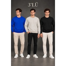 Erkek 3lü Bisiklet Yaka İçi Şardonlu 2 İplik Düz Uzun Kollu Regular Fit Sweatshirt -mavi - Gri - Siy Çok Renkli