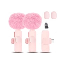 Kablosuz Tüylü Pembe Yaka Mikrofonu Type-c Ve İos Girişli 2 Li Set Bluetooth 5.0 Pembe Pembe
