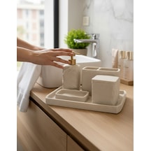 5 Parça Lüx Laduree Stonea Krem Gold Tepsili Banyo Seti-5650 Bej