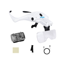 4 Led Işıklı Büyüteç, Kafa Bandı Büyüteci 5 Çıkarılabilir Lensli, 1 X, 1,5 X, 2 X, 2,5 X, 3,5 X Şarj E