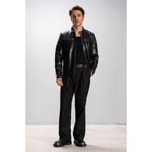 Dericlub Zagreb Erkek Hakim Yaka Slim Fit Gerçek Deri Spor Mont Siyah/bej Bej - Siyah