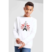 Tshirthane Silhouette Eiffel Tower Baskılı Unisex Çocuk Beyaz Sweatshirt Beyaz