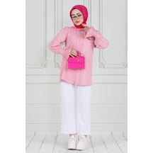 Sevitli Gül Broşlu Kolu Fırfırlı Tunik-pembe-3610-pembe Pembe