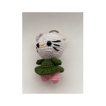 Örgü Amigurumi Kedi Figürlü Anahtarlık Yeşil Yeşil