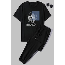 Uyguntarz Unisex Minimal Line Drawing Baskılı 2'li Eşofman Takımı Siyah