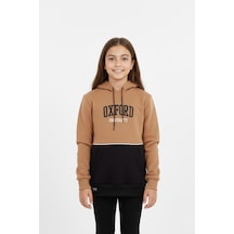 Kapşonlu Oxford Baskılı Kanguru Cepli Kız Çocuk Sweatshirt-90863 Kahverengi