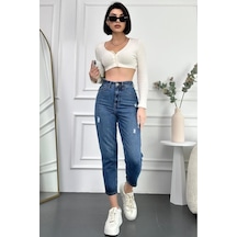 Mavi Yıpratmalı Kadın Boyfriend Jean Yüksek Bel Kot Pantolon Mabel Model 001