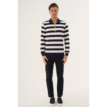Çizgili Yarım Fermuarlı Polo Yaka Uzun Kollu Sweatshirt Lacivert