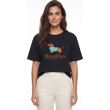 Onloox Kadın Siyah Siyah Pamuklu Bisiklet Yaka Oversize Kısa Kollu Nakış Ve Boncuk İşlemeli T-shirt