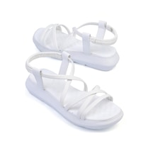 Shoetek Dylla Kadın Sandalet Çapraz Bantlı Beyaz Deri Beyaz