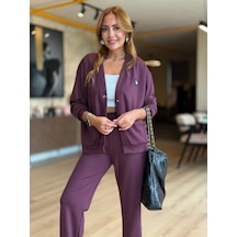 Zenna Tarz Kadın Modal Kumaş Arma Detay Hırka Pantolon Ikili Takım Mürdüm