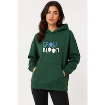 Herkesemoda Grow Bloom Baskılı Kapüşonlu 2 İplik Şardonlu Sweatshirt Yeşil