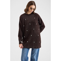 Olcay Taş Detaylı Soft Kumaş Oversize Triko Kazak Kahve 8290