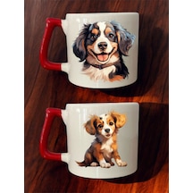 Tatlı Köpek Baskılı 2'li Kahve Bardağı Seramik Kupa - Seramik Çay, Kahve Hediyelik Bardağı Beyaz