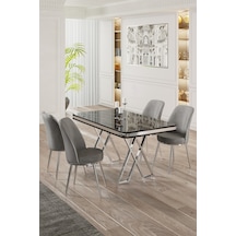 Canisa Vals Serisi 80x130 Lak Panel Siyah Mermer Desen Masa Takımı Krom Ayaklı 4 Gri Sandalye Masa Siyah Mermer Desen Sandalye Gri
