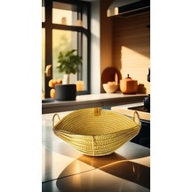 Singl Gold Metal Sandal Ekmeklik Ve Meyvelik Lüx Örgü Oval Ekmek Sepeti Sarı