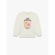 Koton Uzun Kollu Üç İplik Bisiklet Yaka Ayıcık Baskılı Sweatshirt Ekru 7wmg10130ak