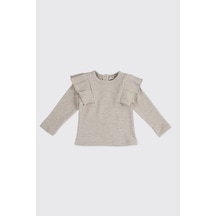 Kız Bebek Kolları Fırfır Detaylı Bej-melanj Tişört 11289979