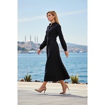 Benerly Kadın Maxi Elbise V Yaka Uzun Kol Dokuma Terrycotton Kumaş A Line Siyah