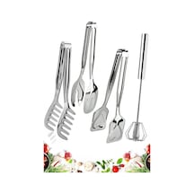 4 Parça Çelik Makarna Maşası, Salata Maşası, Pasta Maşası, Otomatik Çırpıcı Seti Mutfak Seti Gri