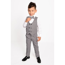 Merdia Kids Erkek Çocuk Smokin Takım Elbise Gömlek, Pantolon, 6 Düğmeli Yelekli, Papyonlu, Zincirli Gri