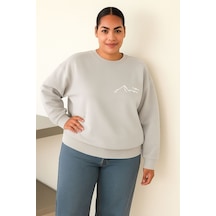 Benroma 3 İplik Penye Dağ Baskılı Büyük Beden Unisex Sweatshırt Gri