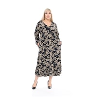 Kadın Büyük Beden Yumuşak Dokulu V Yaka Siyah Vizon Dal Desenli Elbise Siyah - Vizon Dal Desen Kadın Büyük Beden Yumuşak Dokulu V Yaka Siyah Vizon Dal Desenli Elbise Siyah - Vizon Dal Desen