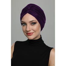 Çapraz Plise Bantlı Astarlı Mor Hazır Türban Tesettür Havuz Bonesi Mor