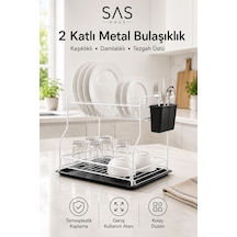 Sas Haus   2 Katlı Metal Bulaşıklık Kaşıklıklı Ve Damlalıklı Tezgâh Üstü Bulaşık Kurutmalık Dtb-02 Beyaz