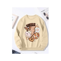 Herkesemoda Smile Baskı Detaylı Bisiklet Yaka İçi Polarlı Sweatshirt Bej
