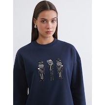 Lcw Modest Lacivert İşlemeli Kadın Kalın Sweatshirt Tunik