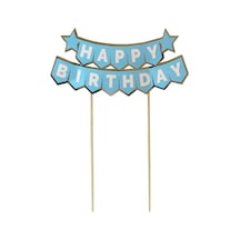 Pasta Üstü Banner Happy Birthday Mavi Gümüş