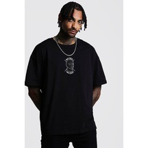 Unisex Siyah Oversize No Case No Face Baskılı Örme T-shirt Siyah