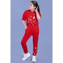 Toontoy Kız Çocuk 2'li Takım Baskılı Kısa Kollu Kapüşonlu Sweatshirt & Beli Paçası Lastikli Cepli Jogger Eşofman Altı - 2 İplik Kırmızı
