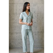 V Yaka Düğmeli Casual Su Yeşili Pijama Takımı