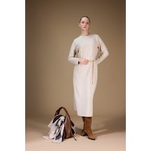 Defacto Regular Fit Bisiklet Yaka Uzun Kollu Kemerli Maxi Elbise G1885ax25wnbg387 Bej-bg387