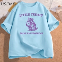 Flood Of Style Küçük Davranır Büyük Sorunları Çözmek Komik Rakun Baskı T Shirt Erkek Kadın Moda Harajuku Ret Mavi