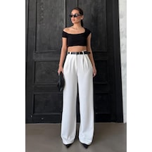 Madmext Beyaz Çift Pileli Kemerli Pantolon Mg2330 Beyaz
