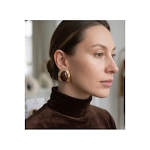 Lunarie İri Oval Vintage Statement Küpe 14k Gold Oluklu Çerçeveli Kahverengi