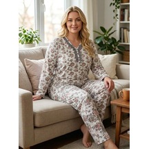 Büyük Beden Yumuşak Tuşeli Uzun Kol Likralı Pijama Takımı 8733 Beyaz