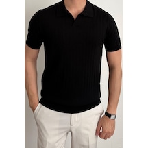 Tarz Cool Erkek Slim Fit Fitilli Polo Yaka Triko T-shirt Siyah