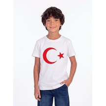 Onloox Erkek Beyaz Erkek Çocuk Beyaz Pamuklu Penye Bisiklet Yaka Kısa Kollu Türk Bayrağı Baskılı Tişört 4-14 Yaş