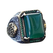 Doğal Yeşil Jade Taşı, Sterlin Gümüş Erkek Yüzük, Bizans İmparatorluğu Yüzüğü Gümüş