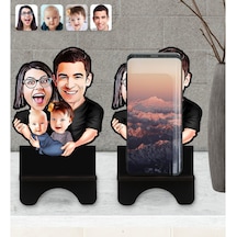 Kişiye Özel Aile Karikatürlü Ahşap Biblo Telefon Standı-4