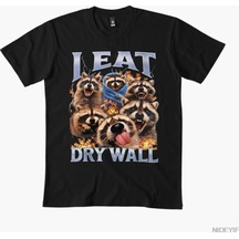 Flood Of Style I Eat Drywall Komik Rakun Meme Bootleg Grafik Tişört Erkekler Kadınlar İçin %100 Pamuklu Tişö Siyah