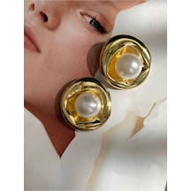 Pinery Jewels Top İncili Yuvarlak Paslanmaz Çelik Kadın Küpe Çifti Altın