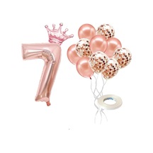 7 Rakam Rose Gold Folyo Balon, Kral Tacı Ve Konfetili Rose Gold Balon