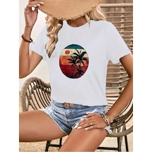 Kadın Kısa Kollu Palmiye Baskılı Viskon T-shirt Beyaz