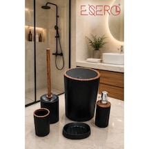 351 Siyah Lüks 5'li Banyo Seti Siyah Ahşap Desenli Çöp Kovası Wc Fırçası Sabunluk Diş Fırçalık Sıvı Sabunluk Modern Banyo Aksesuar Takımı